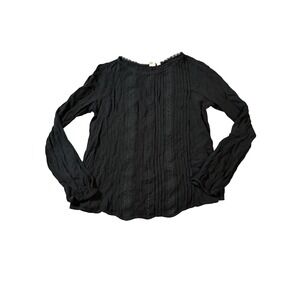 Gap Size Small Black Long Tapered Sleeve Blouse Round Neck Pleated Lace Trim